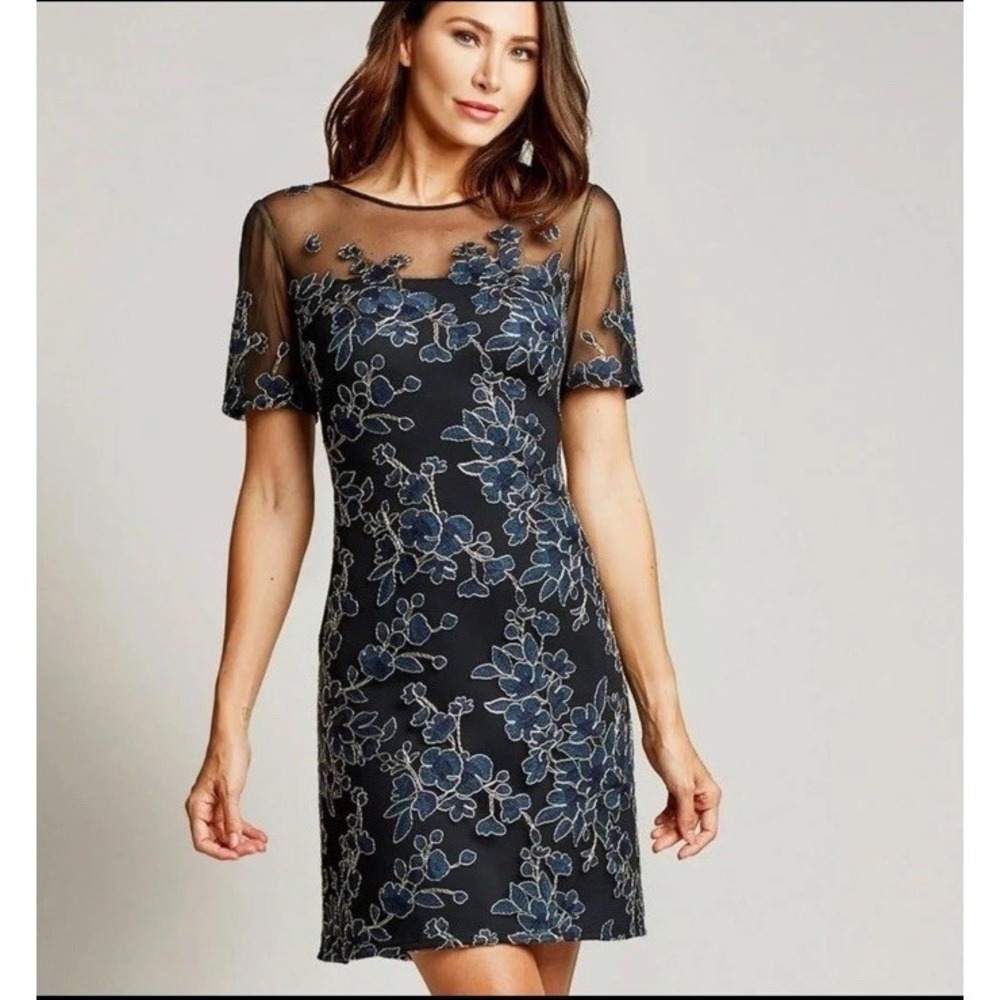 NEW TADASHI SHOJI Cardea Embroidered Floral Tulle Cocktail Dress Sz 2 Navy Gold